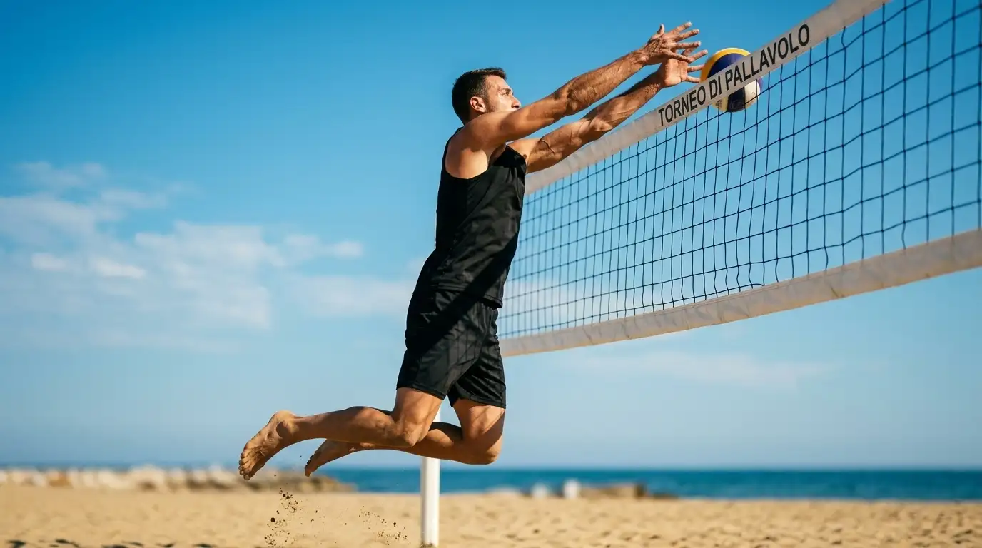 Atleta di beach volley a muro sopra la rete contro un cielo limpido