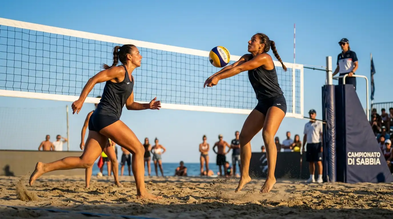 Giocatori di beach volley durante uno scambio con set ai 21 punti sulla sabbia