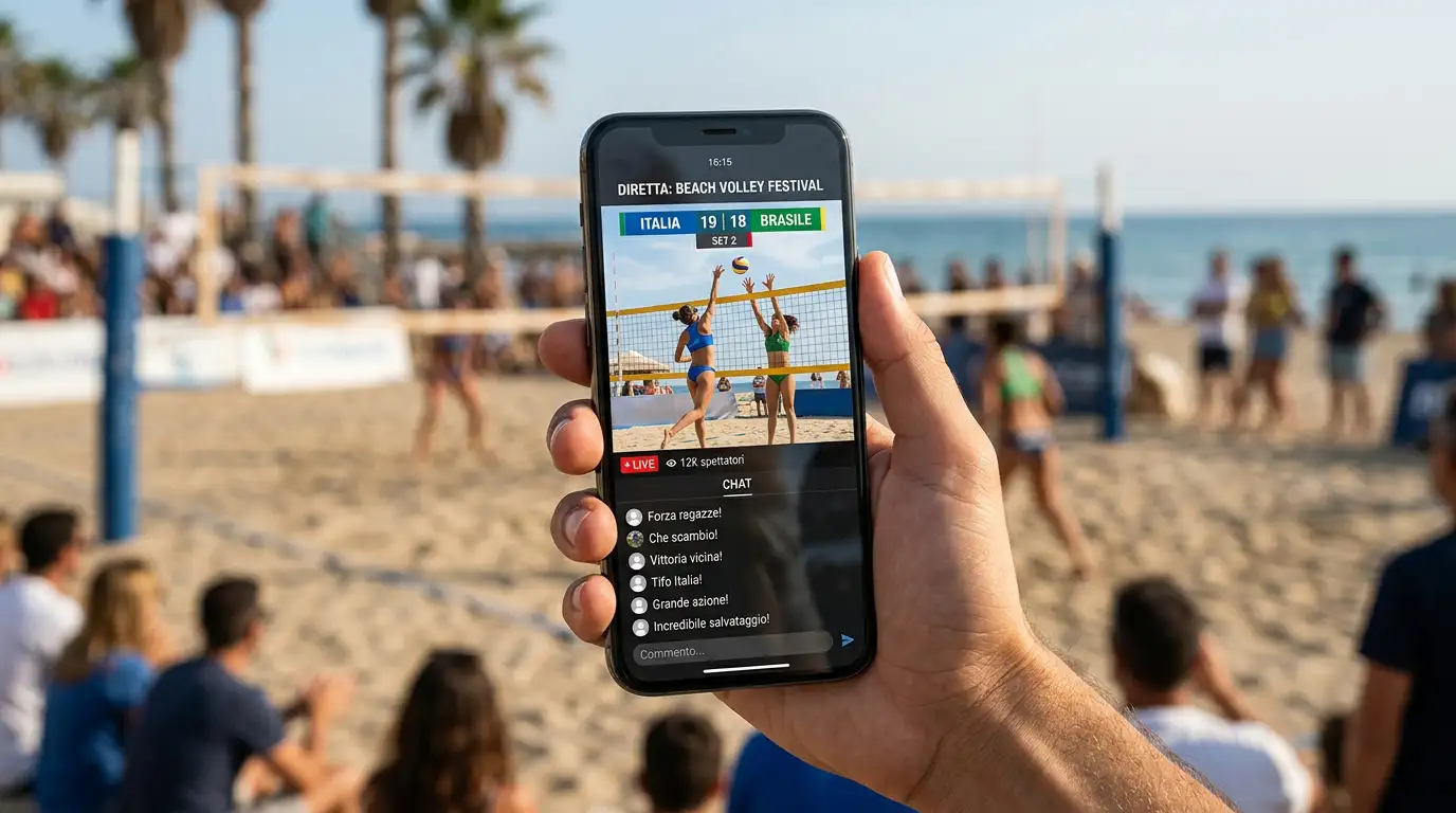 Smartphone che mostra lo streaming di una partita di beach volley per le scommesse in-play